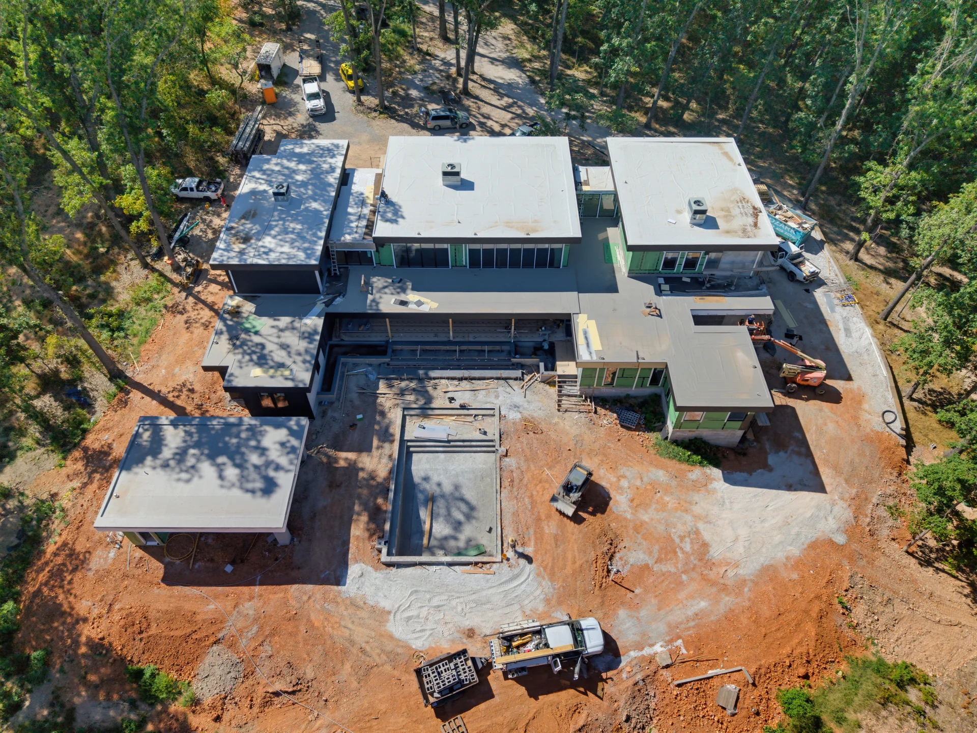 Closer aerial view of the connected building wings